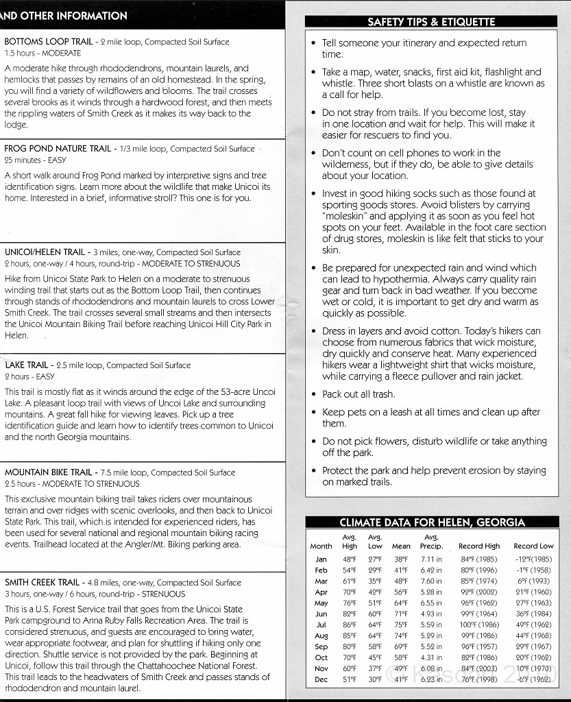 Helen to Unicoi 2010 0565.jpg - The list of trails in the park and a few comments on hiking safety.